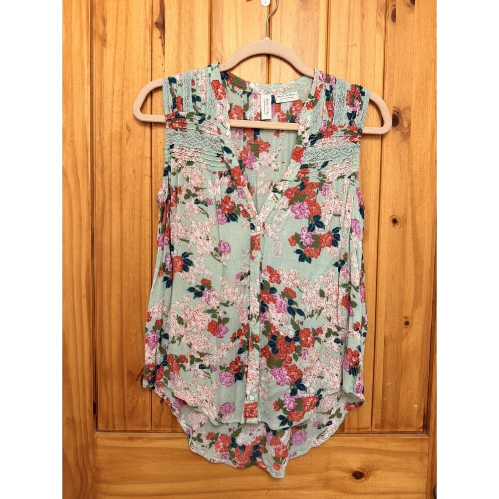 Anthropologie Meadow Rue Floral Blouse Green Pintuck Lace Sleeveless Top SZ 0